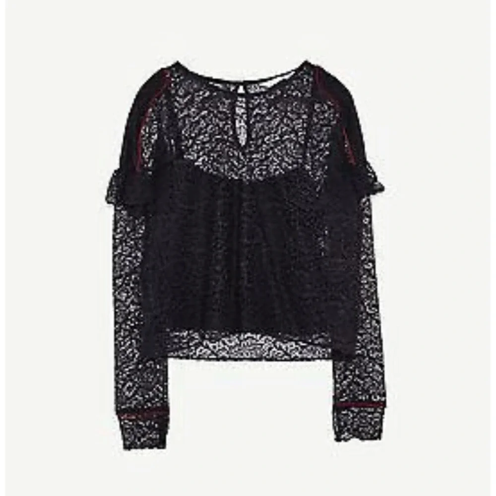 (B6) Zara Navy Blue Floral Lace Long Sleeve Blouse Red Piping Sheer Top XS NWT